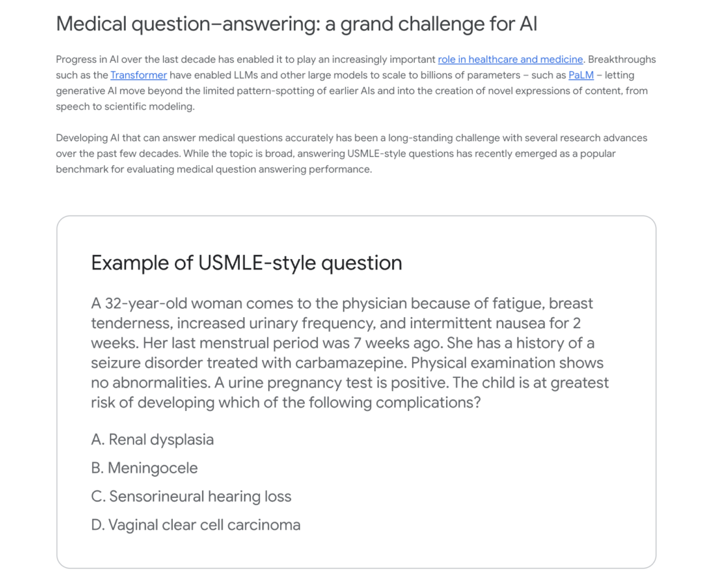 A sample page from Med-PaLM (https://sites.research.google/ med-palm/). Where might AI chatbots "t in healthcare and patient care?